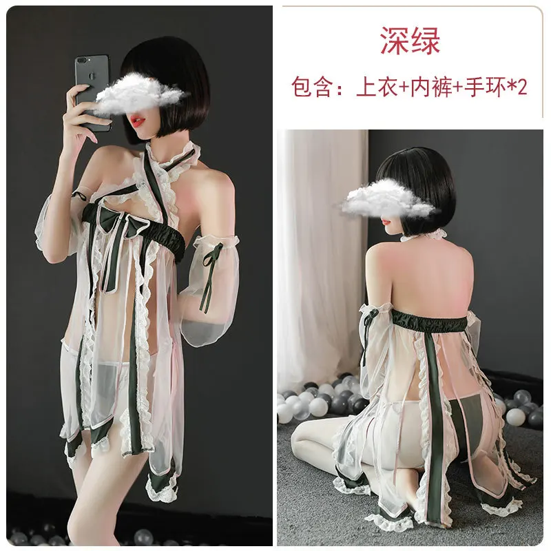 

Sexy Lingerie Hanging Neck, Cross Sling, Low-Cut, Exposed Milky Mesh, Perspective Temptation, Classical Slit, Bowknot