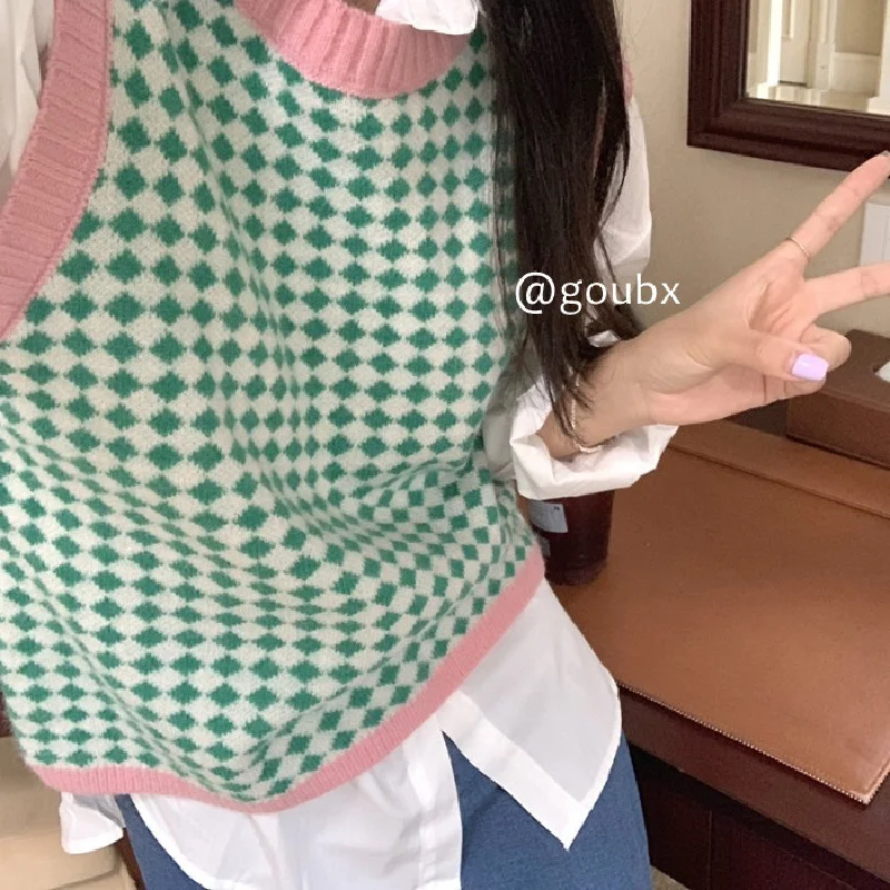 

Новинка 2021, клетчатый вязаный жилет с блокировкой цвета, женский свитер в стиле ретро, топ-майка в студенческом стиле