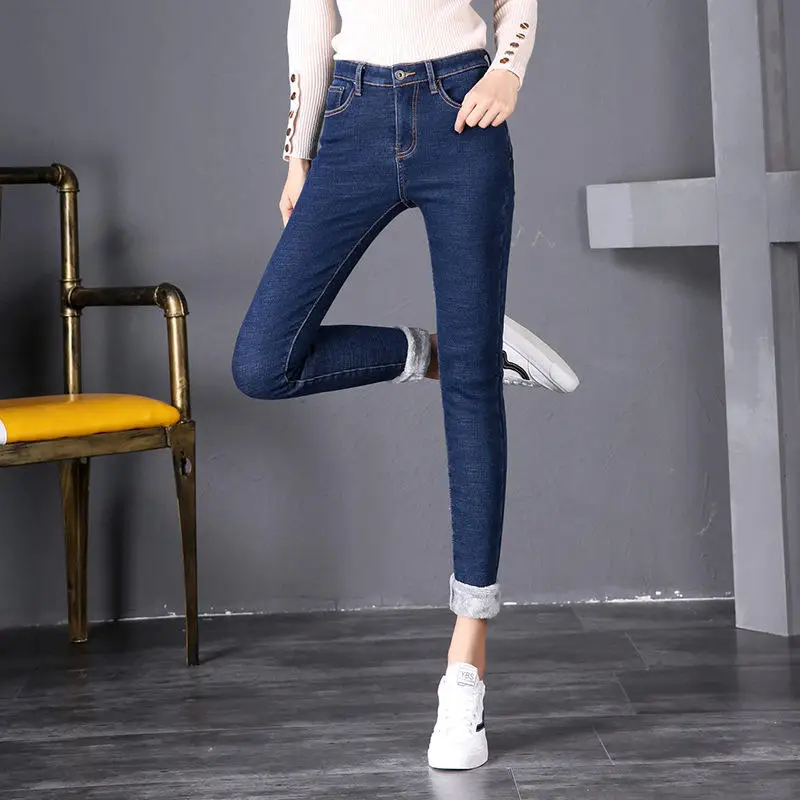 Blue jeans Винтажные джинсы с высокой талией женские теплые толстые плюс бархатные джинсы брюки стрейч тонкие зимние узкие брюки джинсы для мам Q1948 - Цвет: Blue jeans