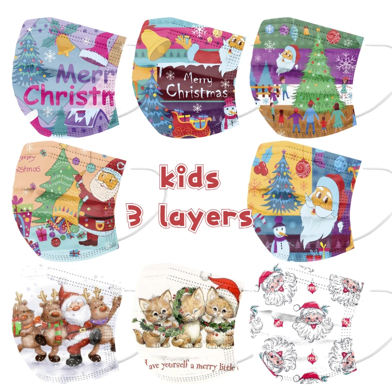 

10pcs Christmas Print Mask Children Disposable Mask Elk Santa Claus Print kids Mask 3ply Mask Mascarilla Desechable Masque
