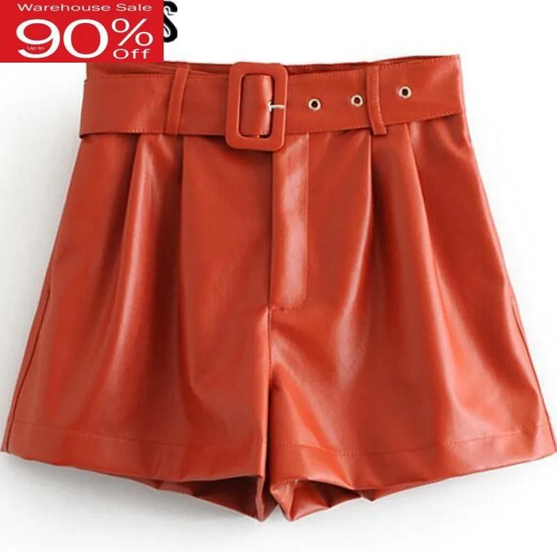 Женские шорты с поясом из искусственной кожи оранжевого цвета на зиму 2020 |