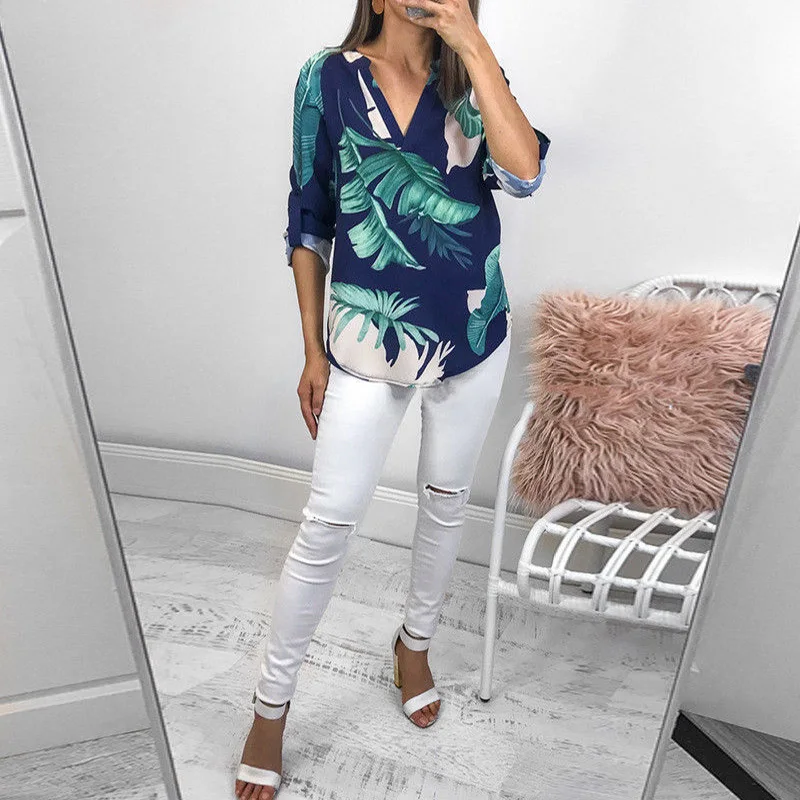 

Flower Print Women's Shirt Top Vintage V-Neck Long Sleeve Blouse 2021 Summer Autumn Fashion Pollover Tops