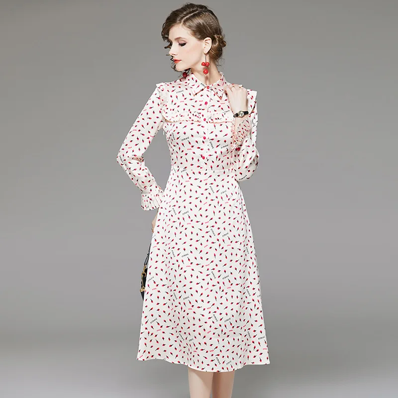 Early spring 2020 new Fashion floral flower print dress women Chiffon dresses turn down collar full sleeve long Dress | Женская одежда