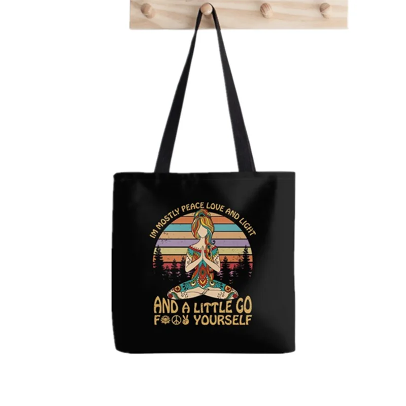 

Shopper Peace Love and Light Printed Tote Bag women Harajuku shopper Funny handbag girl Shoulder shopping bag Lady Canvas Bag