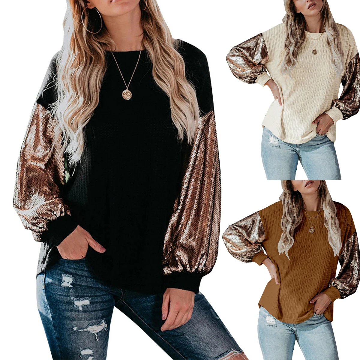

Women’s Sequins Stitching Sweater Loose Long Sequins Sleeve Solid Color Pullover Cardigan Autumn and Winter Jumper