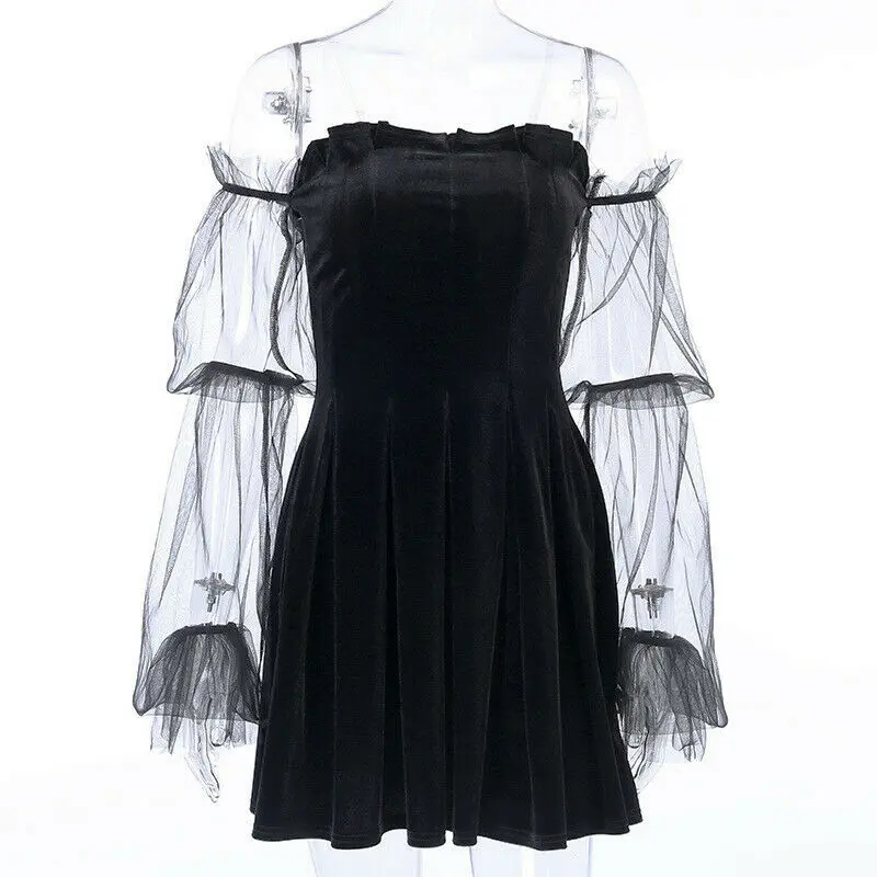 

Japanese Lolita Style Women Princess Black Dress Off Shoulder Chic Puff Sleeve Gothic Dress See-through Mesh Pleated Party Dress