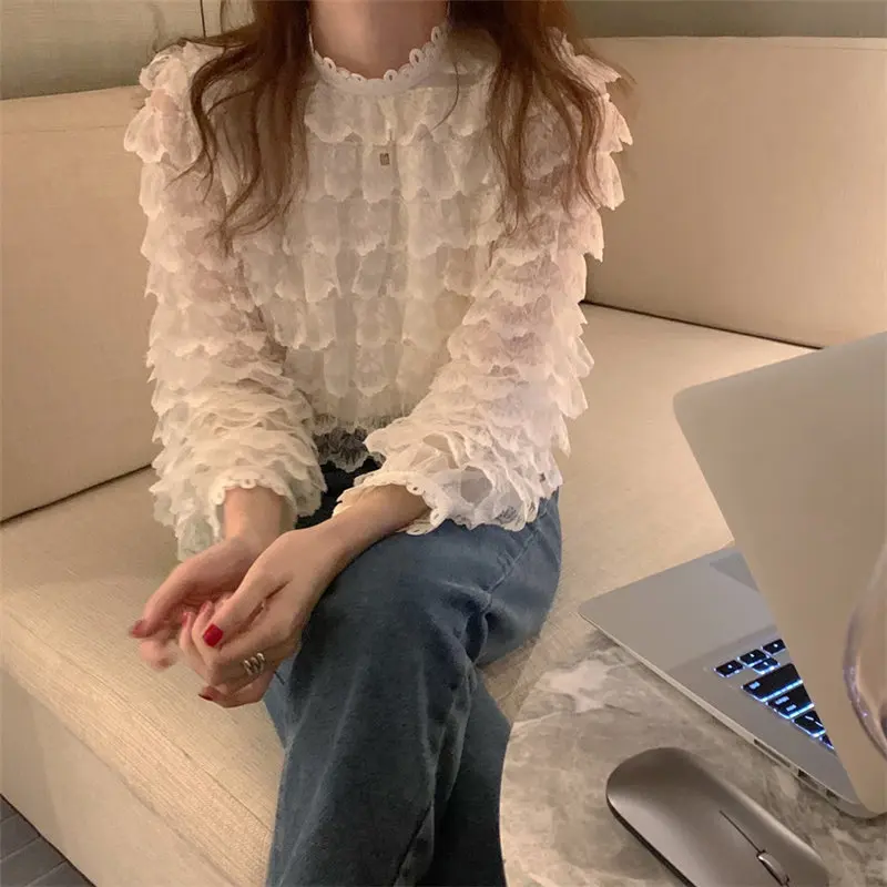 

2021 Apricot Office Lady Female Ruffles Blouses New All Match Hook Flowers High Quality Chic Hollow Out Shirts