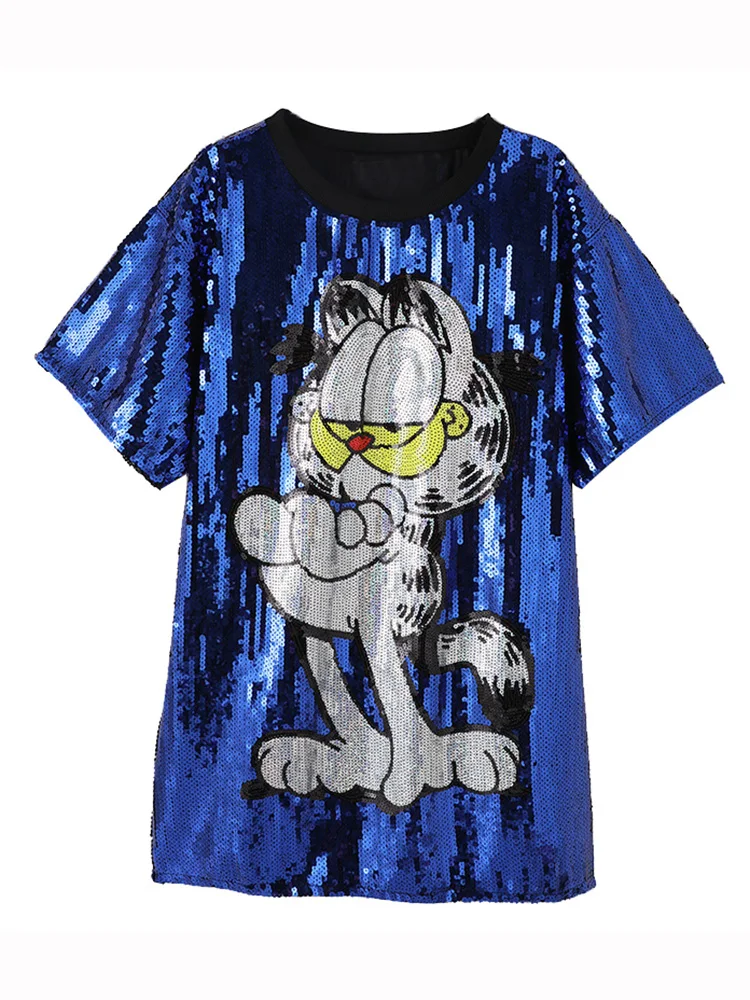 

Korean Fashion Sequined Cartoon T-shirt Women Summer Plus Size Short Sleeve Tee Harajuku Loose Mid-Length Tshirt Dress Clubwear