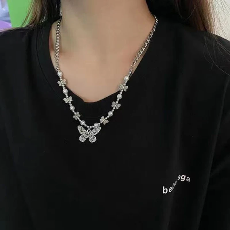 

Punk Cool Pearl Neck Pendant Butterfly Necklaces for Women Hip Hop Silver Color Charm Choker Necklace Fashion Party Jewelry Gift