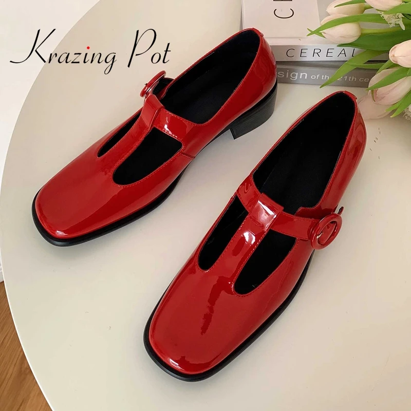 

Krazing Pot new cow patent leather square toe med heel Mary janes Korean style beauty girls dating buckle strap women pumps L37