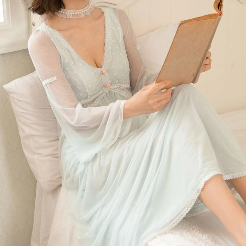 

Women Lace Peignoir Sexy Nighty Fairy Night Dress Victorian Vintage White Mesh Kawaii Nightgown Romantic Elegant Long Dress Gown