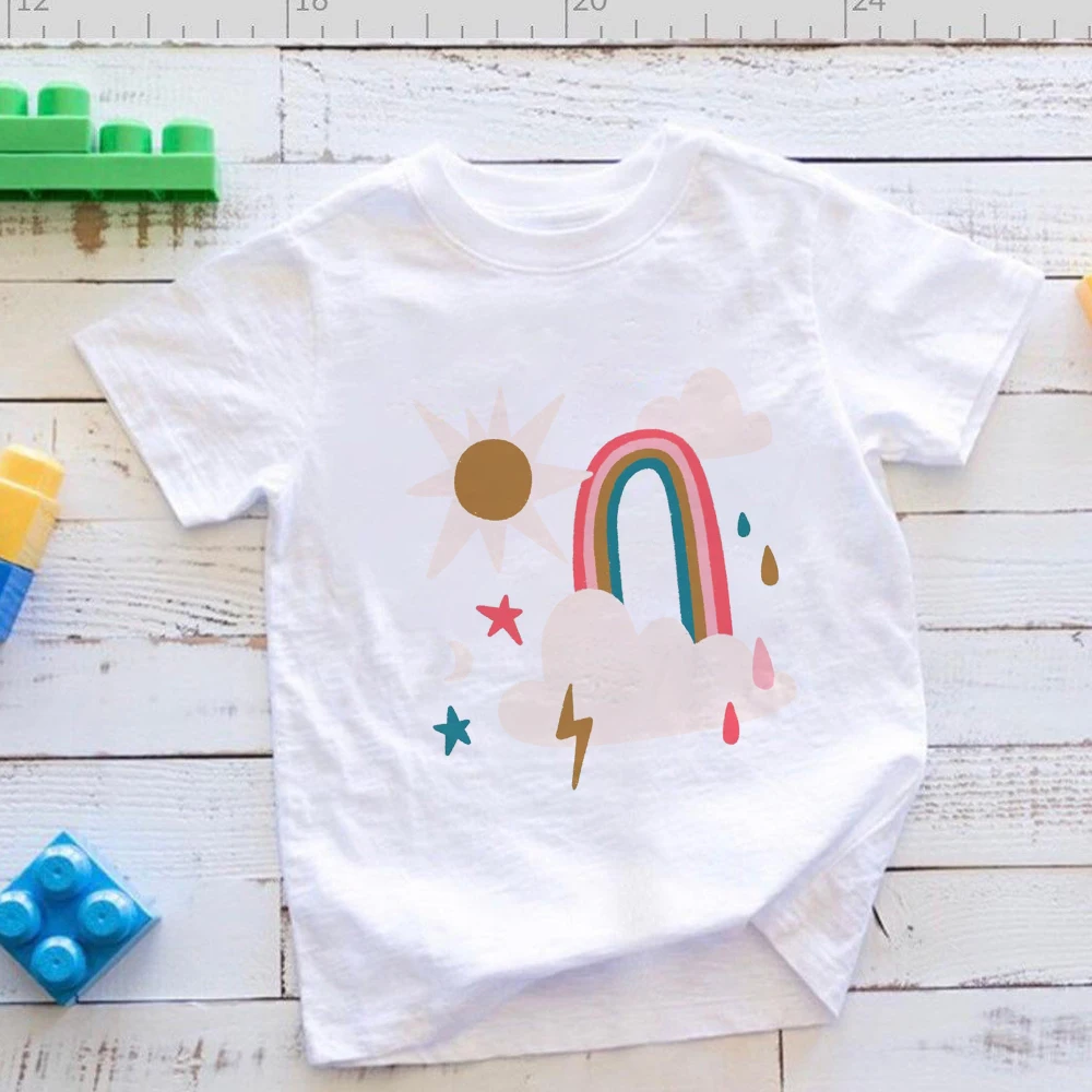 

New Arrival Rainbow SOMEWHERE Short Sleeve Tee Shirt Children T-shirt Simple Beauty Casual Breathable Graphic Top Baby Clothes