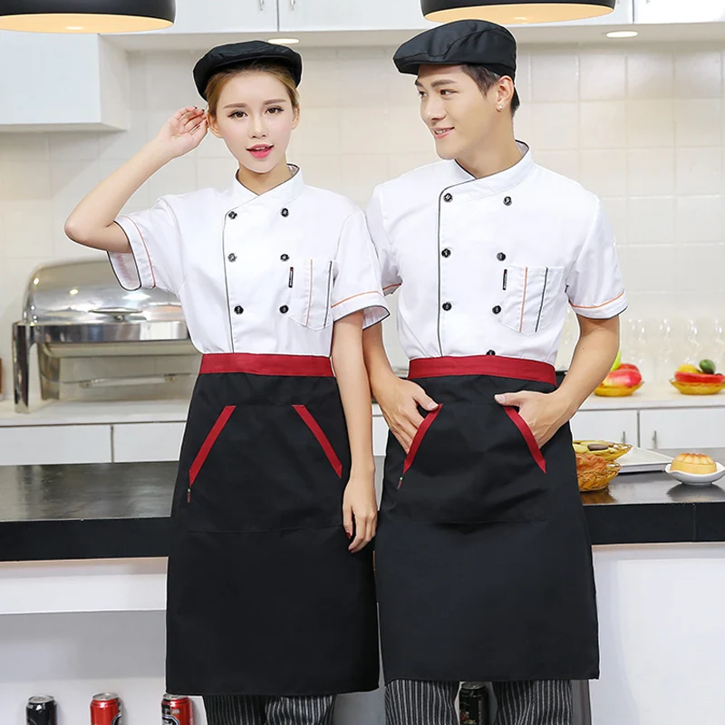 Unisex restaurant uniform shirt Breathable Double Breasted Chef short sleeve cook Jacket+cap+apron works clothes men Wholesale |
