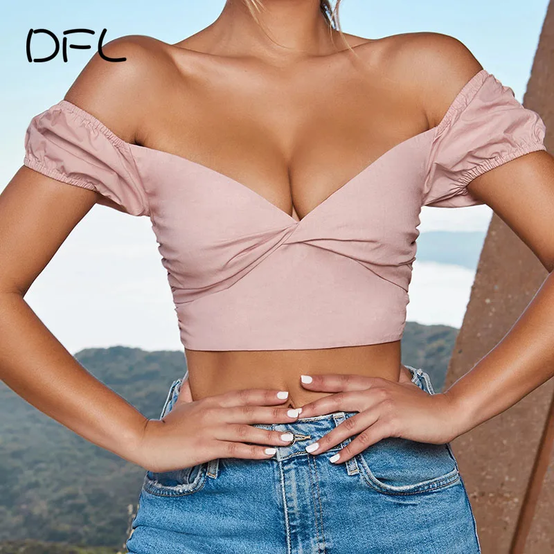 DFLlifes Sexy Backless Women T-shirt Solid Off The Shoulder Puff Sleeve Chest Wrap Show Navel Short sleeve Streewear Top Female | Женская