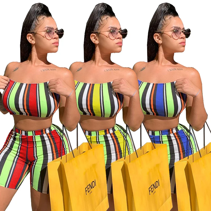 

Stripe Print Suits Sexy Off the Shoulder Crop Top Vest and Shorts 2 Piece Sets Women Outfits 2021 Summer Clothes