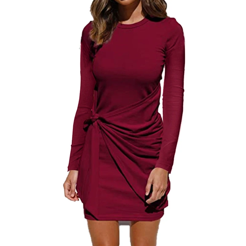 

Women's 2021 Wardrobe Must-have Waist Fold Straps Solid Color Versatile Casual Round Neck Long-sleeved Dress Women Selling