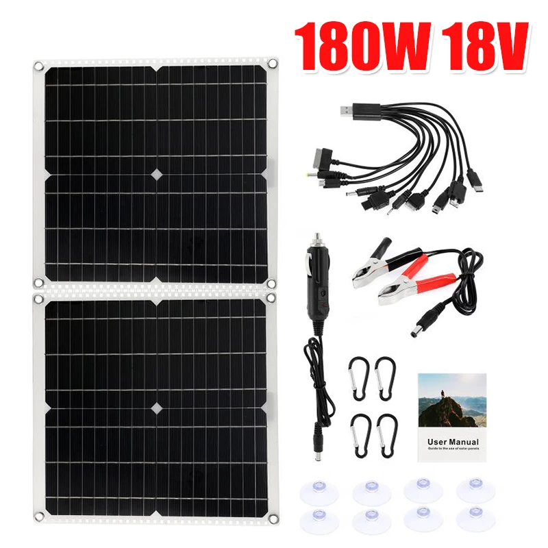

18V 180W Folding Solar Panel Battery Charger with 10 Charging Cable Waterproof Outdoor DIY Emergency Solar Cells Controller Kit