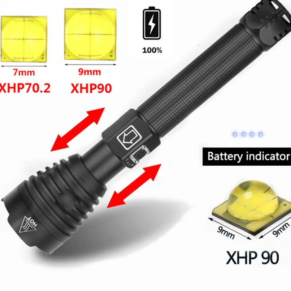 Яркий lanterna XHP90 светодиодный фонарик большой дальности Мощный водонепроницаемый светодиодный фонарь с 18650 батареей USB Перезаряжаемый для кемпинга