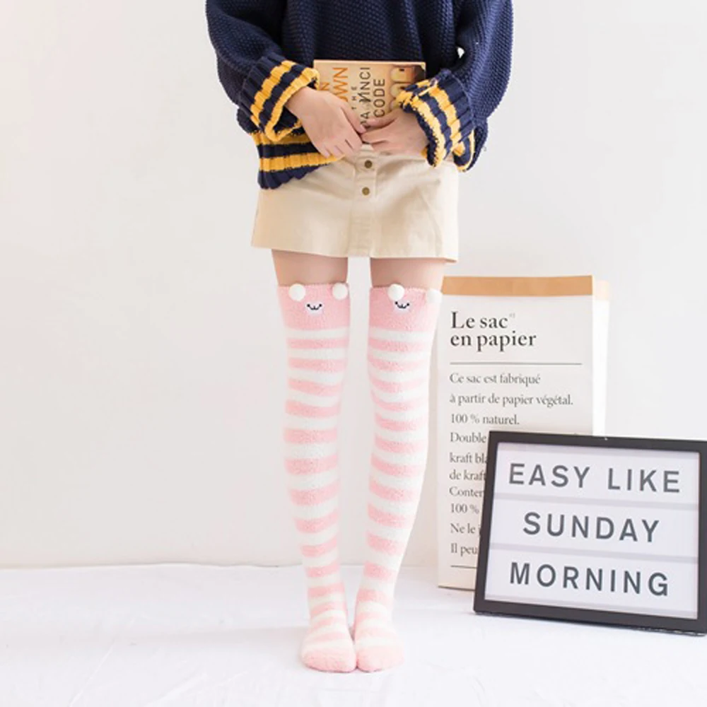 

1 Pair Cute Coral Fleece Stockings Cartoon Striped Warm Thick Soft Comfortable for Women Girls Home Floor Socks Winter