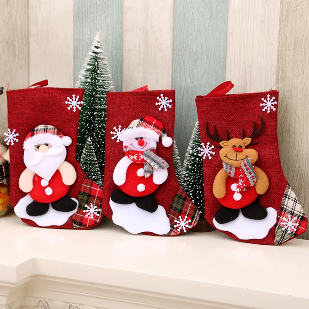 Christmas Tree Hanging Socks Linen Festival Apple Gift Candy Bags Cartoon Snowflake Xmas Party Fireplace Decor | Дом и сад