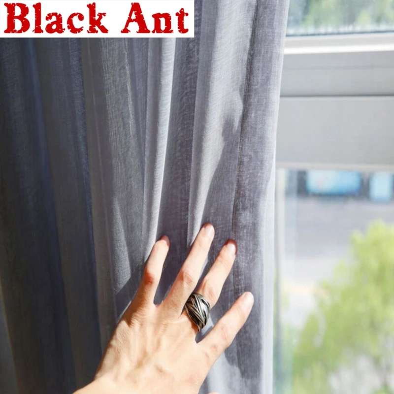 Серые шторы сплошное прозрачное окно из вуали современная спальня кухня лен тюль