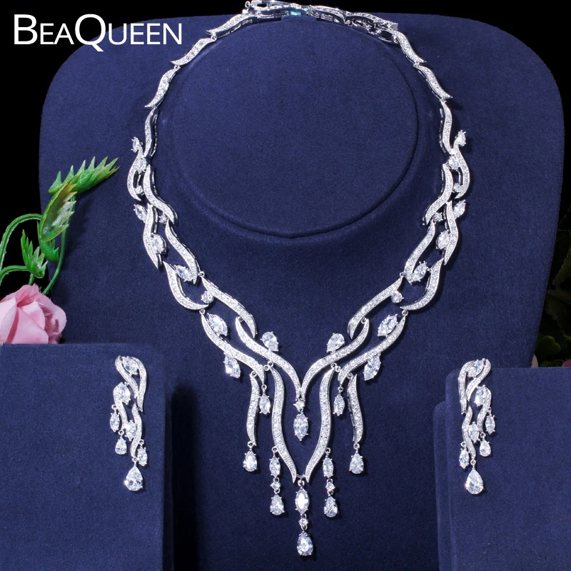 

BeaQueen блестящие капли воды кубического циркония Длинная кисточка ожерелье серьги Свадебные Ювелирные наборы для женщин бижутерия JS222