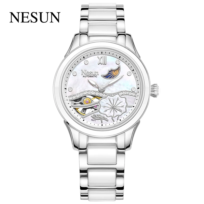 

NESUN Official Women Fashion Casual Automatic Wristwatches Mechanical Movement Shell Dial Rhinstone Waterproof Moon Phase 9071
