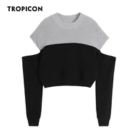 tropicon off the shoulder crewneck sweater fall 2021 womens fashion ribbed top pullovers knitted sweater color block pull femme