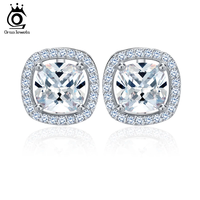 ORSA JEWELS 1ct Подушка огранка многоцветный Цирконий Кристалл серьги гвоздики для девочек модные ювелирные изделия без содержания никеля OE149 - Окраска металла: Platinum Clear CZ