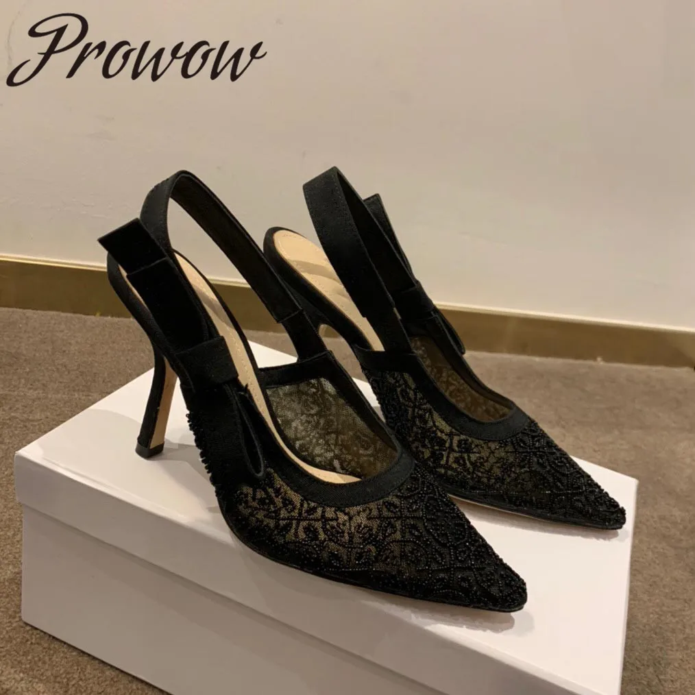 

Prowow New Breathable Mesh Crystal Beading HIgh Heels Bowtie Pointed Toe Pumps Sandals Shoes Women Wedding Shoes Bride