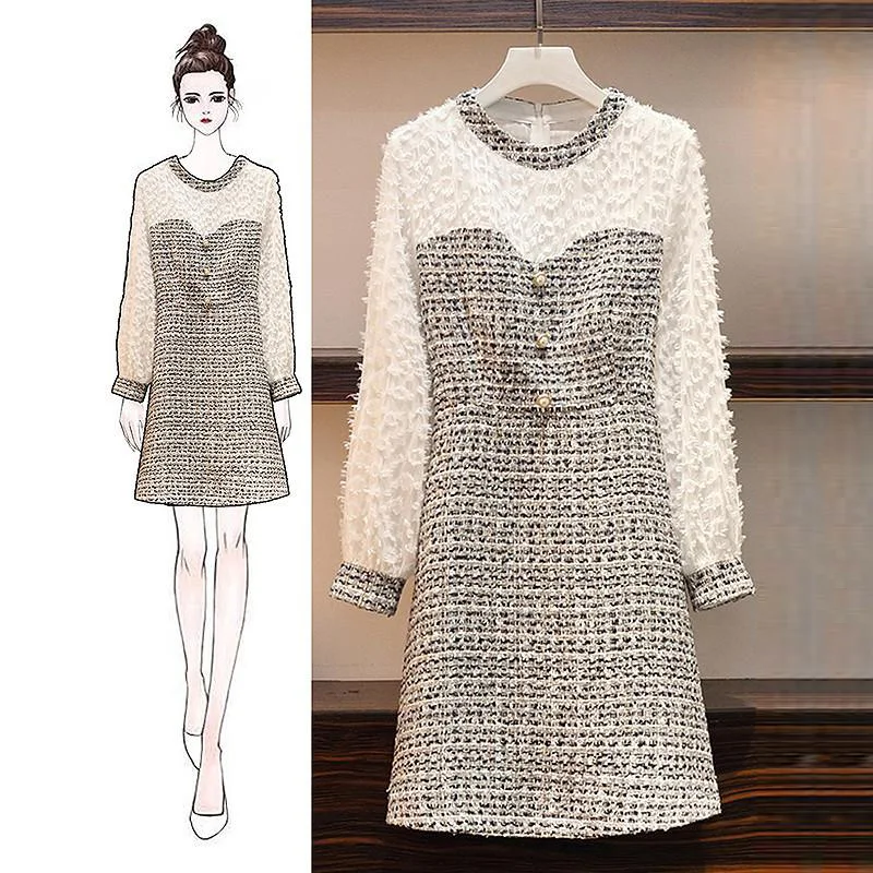2019 осенне зимнее женское платье с длинным рукавом и круглым вырезом твидовое в