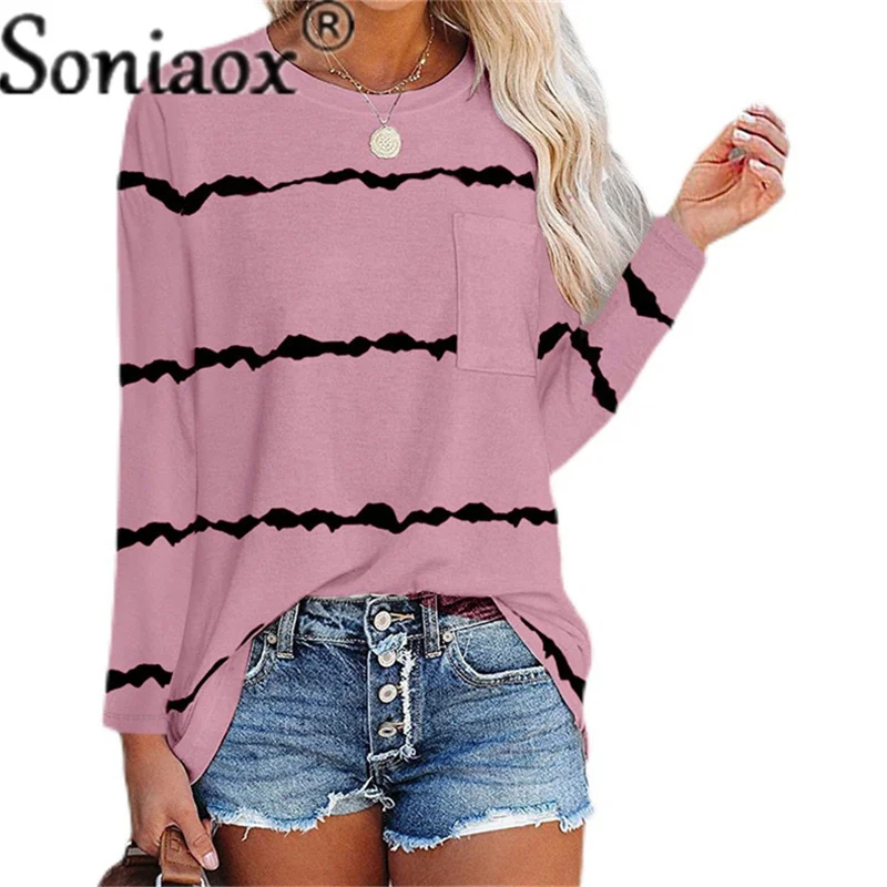 

2021 Women's Autumn New Fashion Tie-Dye Printed Striped Loose Long-Sleeve T-Shirt O-Neck Pocket Casual Street T-Shirt Plus Size