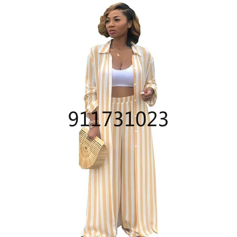 Women 2 Piece Matching Set Casual Striped Print Loose Long Shirt Wide Leg Pants Two-piece Suit Plus Size Outfits Yellow Clothes |