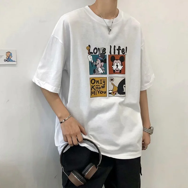 Disney Men T-shirt Summer Fashion Cartoon Mickey Anime Printed Short Sleeve Casual All Match Middle Top External Wear | Мужская одежда