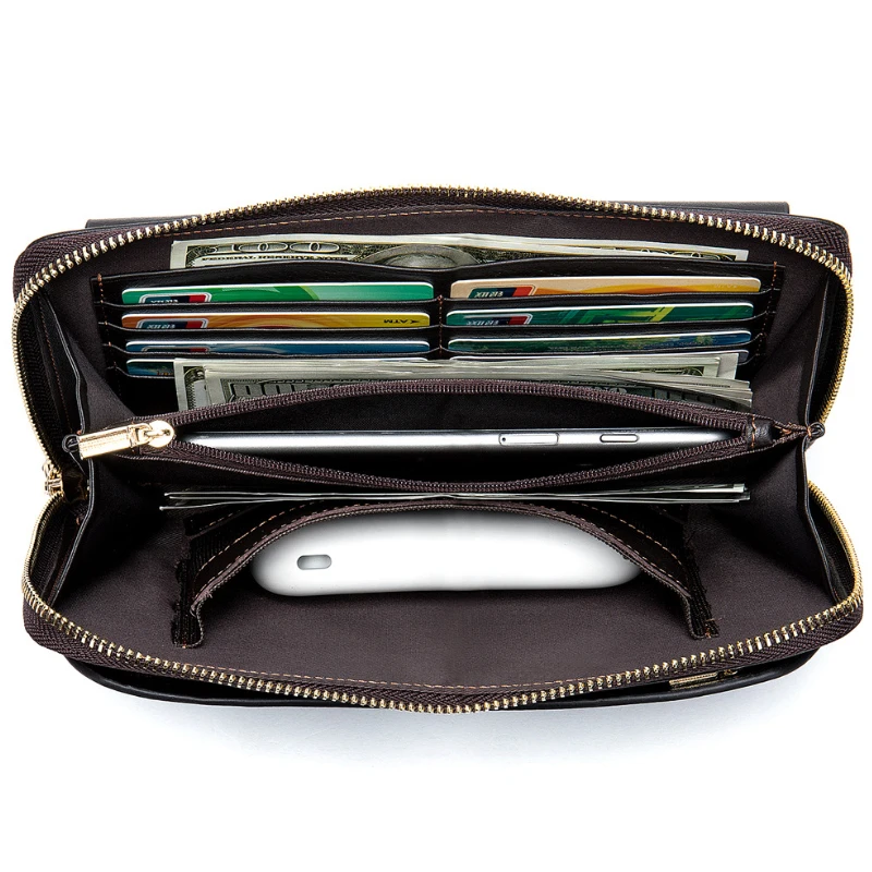 Luufan Genuine Leather Business Type Clutch Purse Big Capacity Long Wallet With Wristlet Leather Big Wallet For Phone Passport