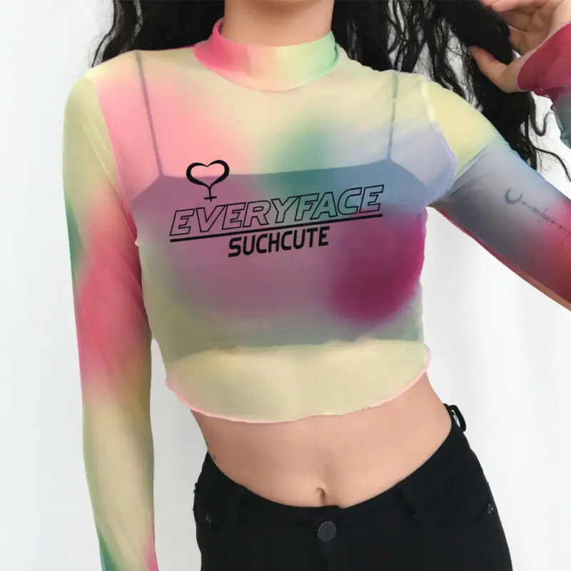 Женские сетчатые Прозрачные топы с длинным рукавом и высокой горловиной Женская