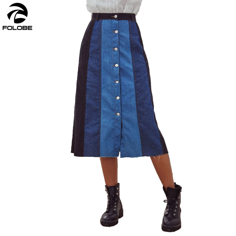 

2020 Women Denim Skirt Parchwork A-Line Skirt Women Fashion Cool Jean Retro Long Skirts Streetwear Fashion Female Skirts