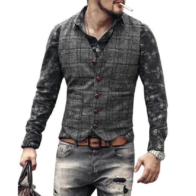 

Retro Button V-Neck Vest Jacket For Men Business Man Casual Plaid Printed Sleeveless Tank Fashion Pocket Design Tops Outerwear
