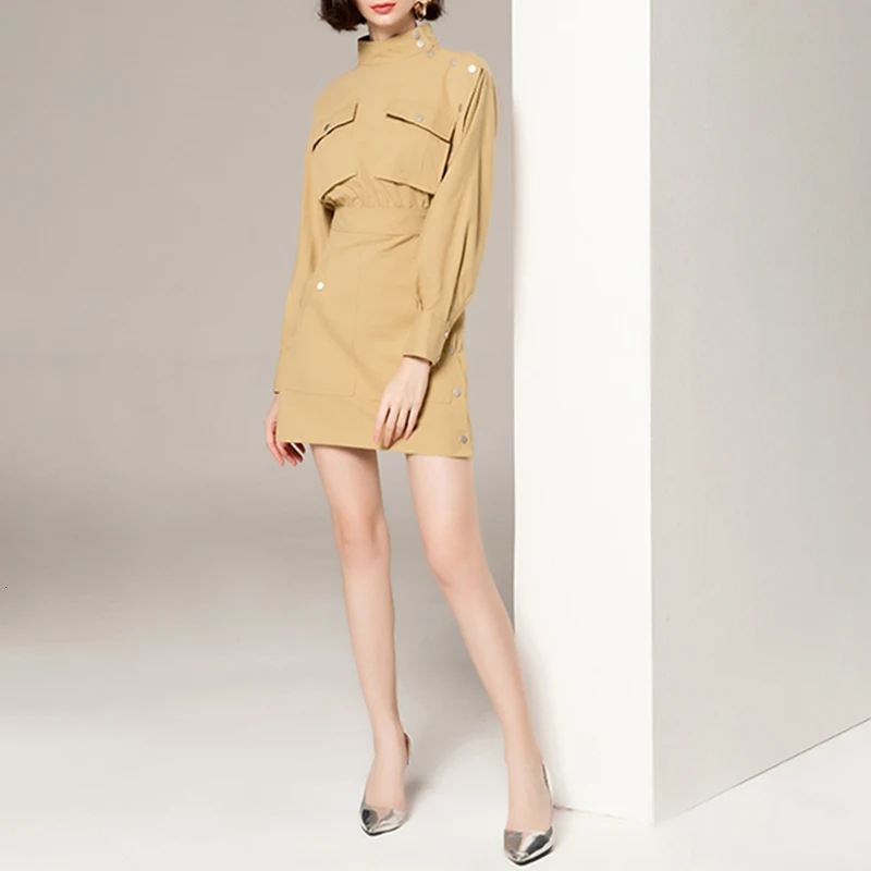 TWOTWINSTYLE корейское платье для женщин со стоячим воротником с длинным рукавом с высокой талией короткие платья-карандаш женские осенние модные новые