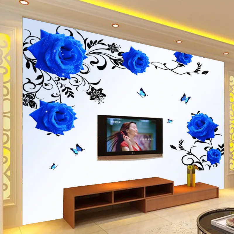 DIY большой синий розовый наклейки на стену с рисунком цветов Гостиная украшения