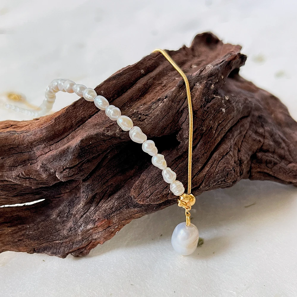 Monlansher Натуральный жемчуг титановая сталь сращенное ожерелье тонкая цепочка в