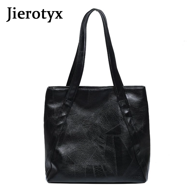 

JIEROTYX Big Casual Leather Tote Bags For Women Large Capacity Retro Patchwork Shoulder Bag Female Shopping Bag High Quality
