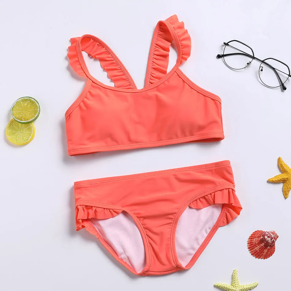 

Купальник с оборками для девочек, детский От 7 до 14 лет бикини для девочек, комплект из двух предметов, однотонный купальный костюм для девоч...