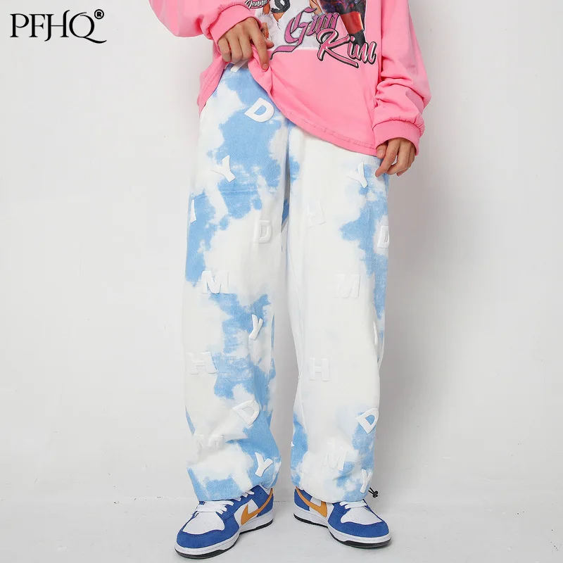 

PFHQ 2021 Male New Harajuku Tie Dye Letters Foam Printing Trend BF style Loose Straight Cropped Jeans Autumn Winter 21E1077
