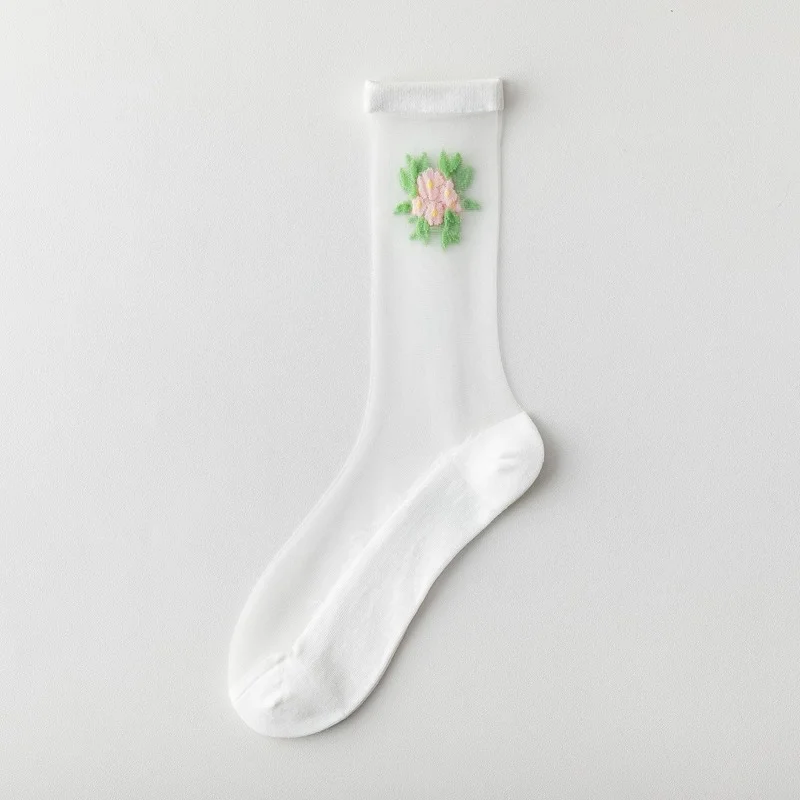 

Colorful Sock Women Flower Woman Socks Creative Floral Sox Casual Ladies Glass Silk Spring Girls Trendy Thin Sweet Calcetines