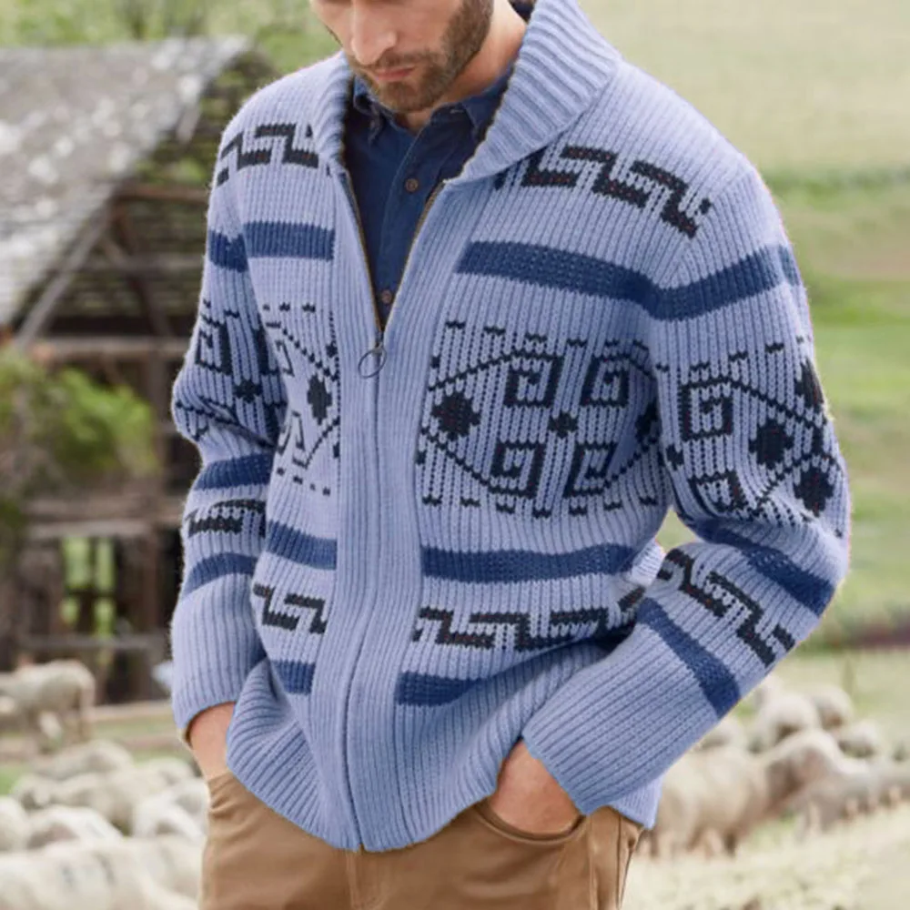 

Thin Cardigan Men's Sweater Autumn Winter Zipper Beige Knitted Jacket Coat Oversize M-4XL Geometric Print Fashion Men Sweaters
