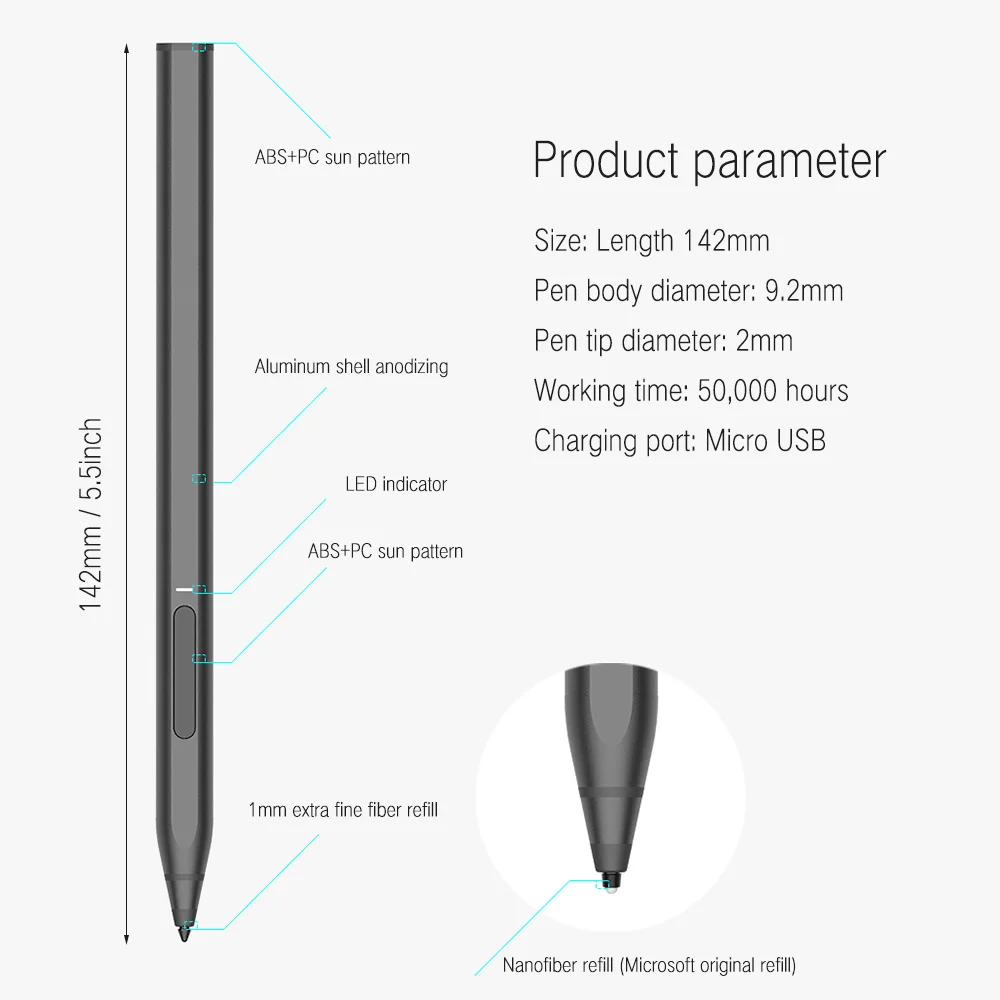 Перезаряжаемая Ручка поверхности стилус для Microsoft Surface Pro X /7 2019/Pro 6/Pro 5 (2017)/Pro 4/Pro