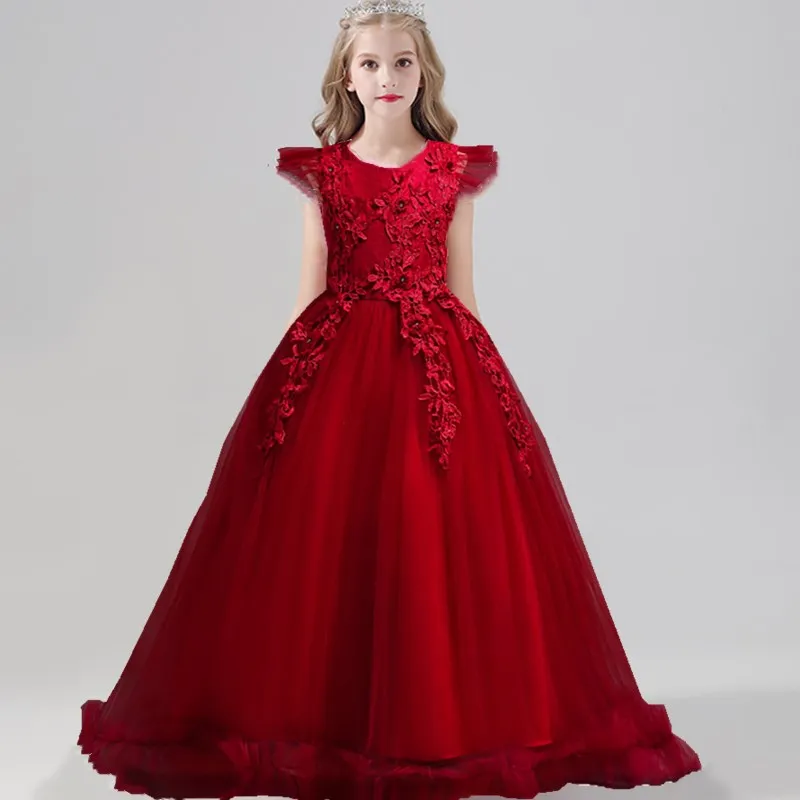 Wedding Party Dress for Girls Lace First feast princess Long Dress New Exchange Dress Ball Beauty Sexy Shoulder Dress