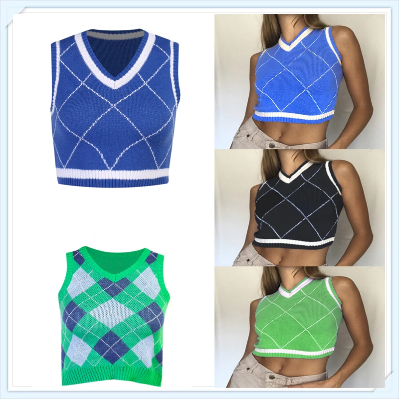 

Женский винтажный свитер Muyogrt с треугольным вырезом, жилет, женский черный клетчатый ТРИКОТАЖНЫЙ УКОРОЧЕННЫЙ свитер без рукавов, повседнев...