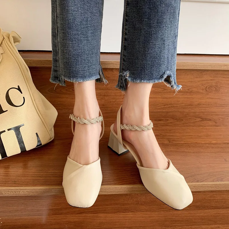 

2021 Sandals Comfort Shoes for Women Summer Heels Suit Female Beige Mary Jane Med New Girls Black Rhinestone Closed Fashion Bloc